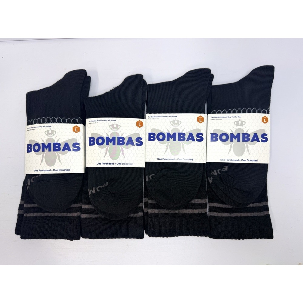 NEW Bombas LARGE Black Crew Socks Unisex 4 PAIR OF SOCKS